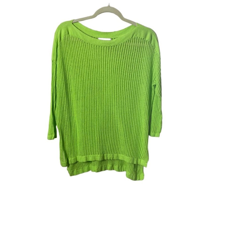 Vintage KIKIT Women Sz Small Linen Blend Neon Green Oversize Open Knit Blouse